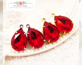 Vintage Ruby Red Pear 15x11mm Teardrop Glass Set Stones in Brass, Silver Ox, Matte Black or Antique Brass Settings - Pair