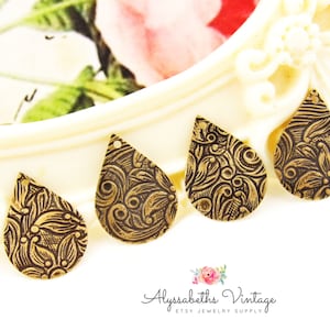 Small Antiqued Brass OxFloral & Leaf Embossed Teardrop Charms Drops in Raw Brass Flower Engraved Stampings 17x13mm - 6