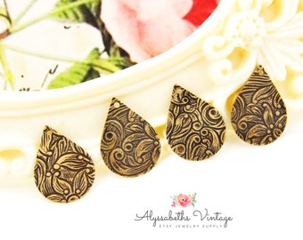 Small Antiqued Brass OxFloral & Leaf Embossed Teardrop Charms Drops in Raw Brass Flower Engraved Stampings 17x13mm - 6