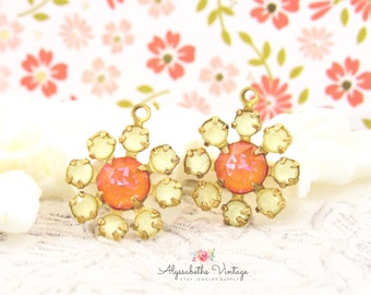 Austrian Matte Yellow & Orange Glowe DeLite Rhinestone Daisy Flower Charm Pendant 1 Ring Brass, Antique Brass or Silver Ox 15mm Round – 2