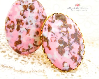 SALE Pair Vintage Retro Opaque Pink Marbled 40x30mm Plastic Cabochons, Large Flat Back Stones in Pink, Brown, White and Gold Matrix 30x40mm