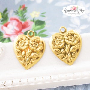 Raw Brass Art Nouveau Floral Embossed Heart Charms, 18x15mm US Made Valentine Pendant Brass Stampings - 4