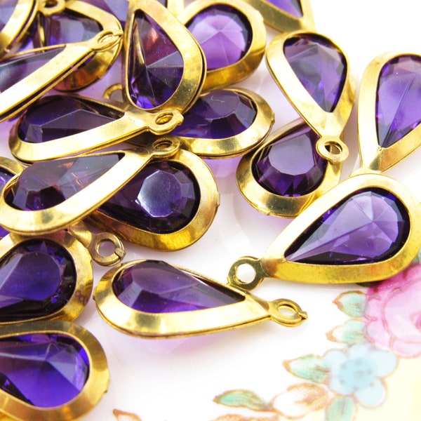 Retro Vintage Dark Purple Amethyst & Brass Teardrop Charms, 20x10mm Channel Set Acrylic Plastic Stone Earring Drops – 6