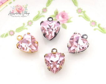 Light Rose Pink Rhinestone Heart Charms 9x8mm Crystal Valentine Drops or Connectors - Pair