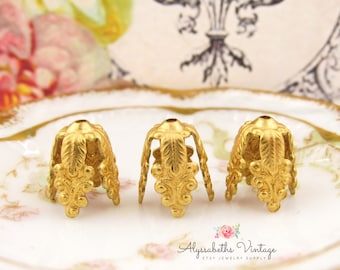Ornate Raw Brass Victorian Leaf & Scroll Filigree Long Bead Caps, Bead Cones, Tassel Ends 12mm Tall - 4