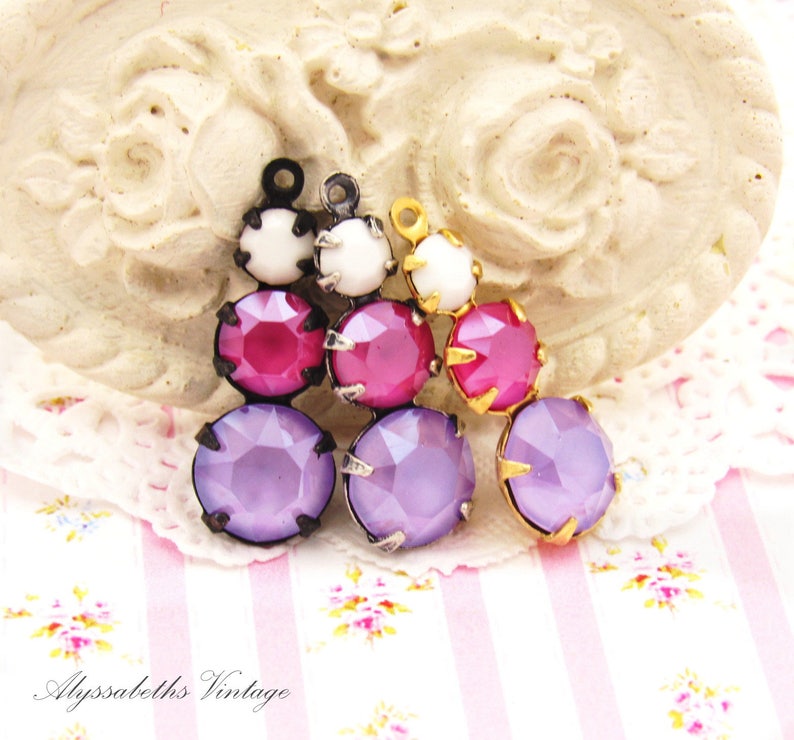Austrian Matte Purple Lilac /& Peony Pink with White Alabaster Triple Teardrop Rhinestone Drops 23mm Setting Finish Choice 2