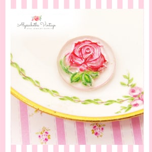 Vintage Chic Pink Rose Intaglio Cameo, Reversed Carved Hand Painted Glass Cabochon 18mm Round - 1