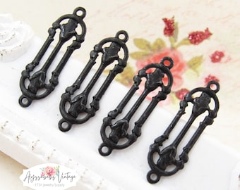 Arts & Craft Style Black Patina Double Rosebud Connectors 23mm Long Aged Black Victorian Floral 2 Ring Links - 6