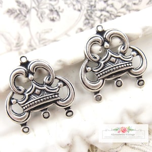 Ornate Antique Silver Ox Crown Filigree Chandelier Earring Three Strand Connector - 4