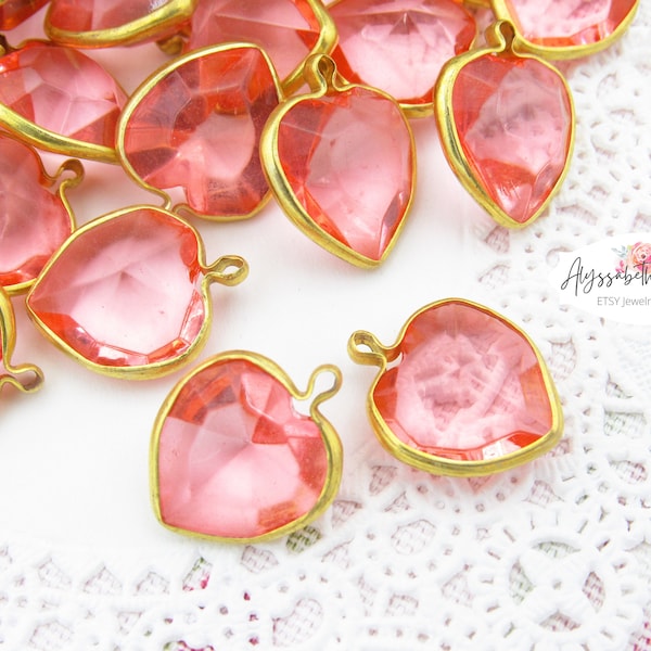 Vintage Transparent Pink Lucite Heart Charms 18x14mm Brass Channel Set Plastic Faceted Rose Pink Heart Stones in 1 Loop Settings - 6 pcs