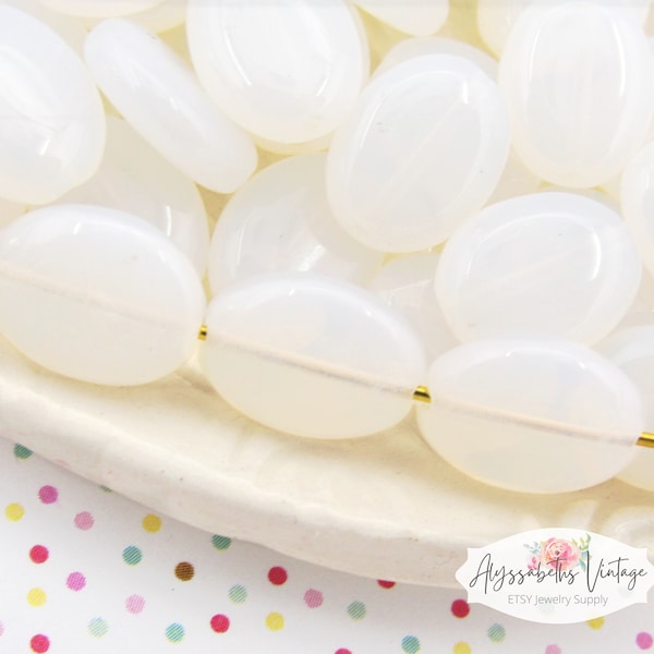 Milky White Opal 12x9mm Flat Oval Czech Glass Beads - 12