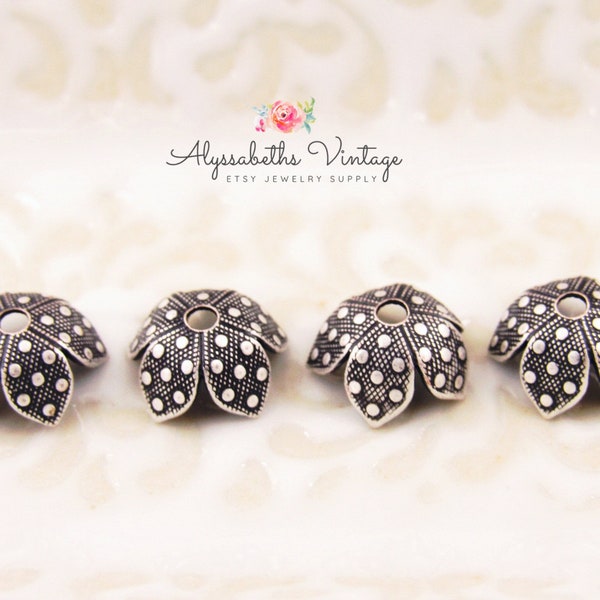 Vintage Style Flower Petal 8mm Antique Silver Ox Bead Caps, Polka Dot Embossed Bead Ends US Made – 6