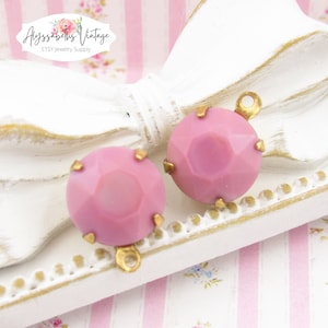 Vintage Opaque Pink Rhinestone 11mm Round Set Stone Drop or Connector 47ss Prong Raw Brass, Antique Silver or Black Settings – 2