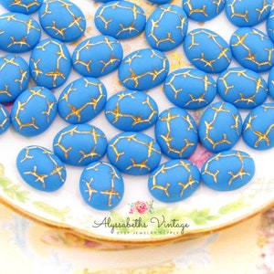 Vintage Art Deco Opaque Matte Blue & Gold Crackle Etched 10x8mm Oval Cabochons, Flat Back Stones – 4