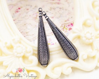 Antique Silver Art Deco Geometric Embossed Long Teardrop Earring Boho Dangles, Drops, Pendants Silver Ox 38mm Long - 4