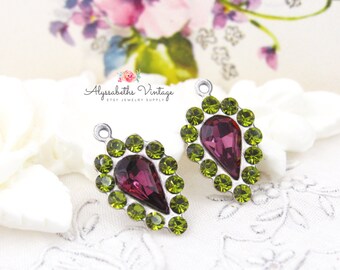 Vintage Austrian Amethyst Pear & Olivine Rhinestone Teardrop Set Stones Earring Dangles 20x12mm Brass, Black, Brass or Silver Ox - 2