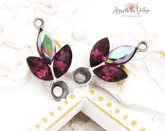 Amethyst and AB Amethyst Rhinestone Leaf Connectors 20x11mm Vintage Swarovski Purple Leaves Links Raw Brass or Antique Silver Ox – 2
