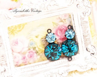 Blue Zircon and Aqua Bohemica Rhinestone Double Set Drop or Connector 16x8mm Brass, Brass Ox, Black or Silver Ox Settings – 2