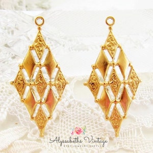 Geometric Art Deco Harlequin Diamond & Filigree Embossed Raw Brass Earring Dangles 33mm Long Pendants - 4