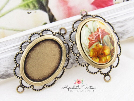 Ornate 18x13mm Oval Antique Brass Ox Lace Edge Filigree Bezel Setting Connector, Victorian Flat Back Cabochon Cameo Link Blank - 4