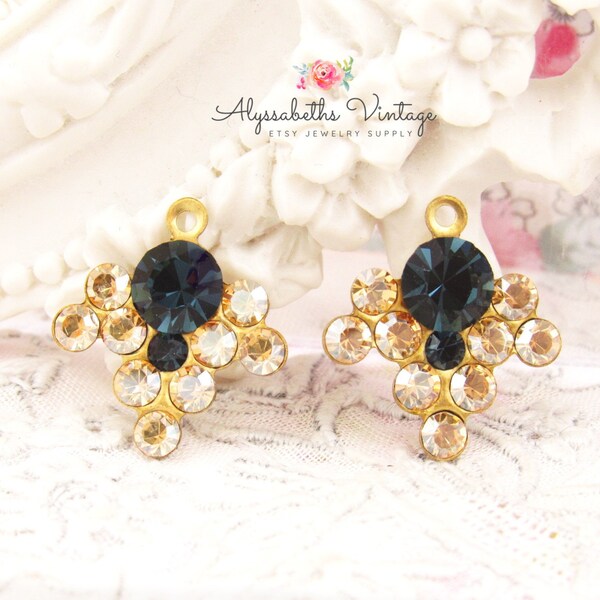 Elegant Austrian Montana Blue & Honey Gold Rhinestone Cascade Earring Dangles, Set Stone Drops in Brass or Antique Silver 17x16mm Settings