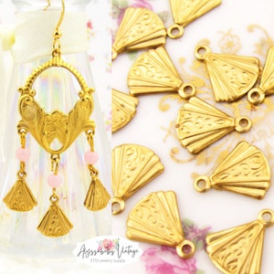 Tiny Raw Brass Art Deco Vine Embossed Fan Dangles 11x10mm Brass Stamping Charms - 6