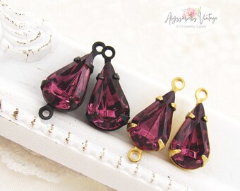 Vintage Austrian 13x7.8mm Purple Amethyst Teardrop Rhinestone Drops or Connectors, Brass, Black, Brass or Silver Ox Settings - 2