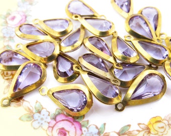 Retro Vintage Light Amethyst & Brass Teardrop Charms, 20x10mm Channel Set Acrylic Plastic Stone Earring Drops – 6