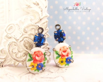 Vintage Pink Rose Bouquet Limoge Oval Flower Cabochon & Capri Blue Rhinestones Drop Brass, Black or Silver Ox Settings 18x8mm  - 2