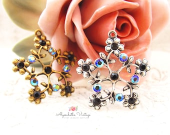 Floral Filigree Pendants with Jet Black & AB Black Diamond Rhinestones, 27x25mm Black, Brass or Silver Ox Lacey Star Flower Charms - 2