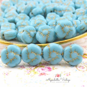 Ondoorzichtig aqua en antiek gouden viooltje bloem tsjechische persglas turkoois blauwe bloemkralen 9 mm-10