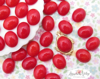 Vintage Oval Opaque Cherry Red 10x8mm Buff Top Glass Cabochons, Flat Back Stones Bright Red Cabs - 6