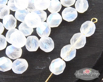 AB Matte Crystal 8mm Faceted Glass Beads, Czech Preciosa Frosted Semi Transparent White Aurora Borealis Fire Polished Beads - 20