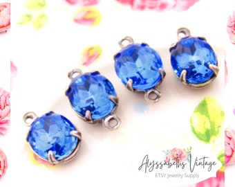 Vintage Austrian Sapphire Oval Rhinestone 10x8mm Charms Single Set in Raw Brass, Black, Silver or Brass Ox Drop or Connector Settings – 2