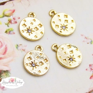 SALE CZ Micro PAVE Charm Round 18k Gold Plate & Rhinestone Celestial Star Charms 15x12mm Tag Pendant - Pair