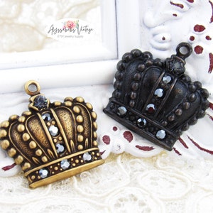 Elegant French Chic Crown Charms with Hematite & Nightfall Rhinestones 21x20mm Royal Chic Queenly Dangles Antique Brass or Black – 2
