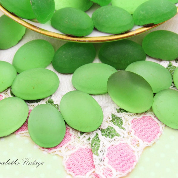 Vintage Frosted Glass Peridot Green 14x10mm Oval Matte Cabochons, West German Dome Top Flat Back Stones - 4