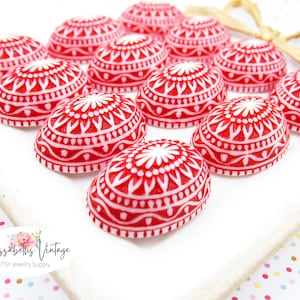 SALE Vintage Red and White Ornate Mosaic Floral Embossed 25x18mm Oval Plastic Cabochon Flat Back Stones - Pair