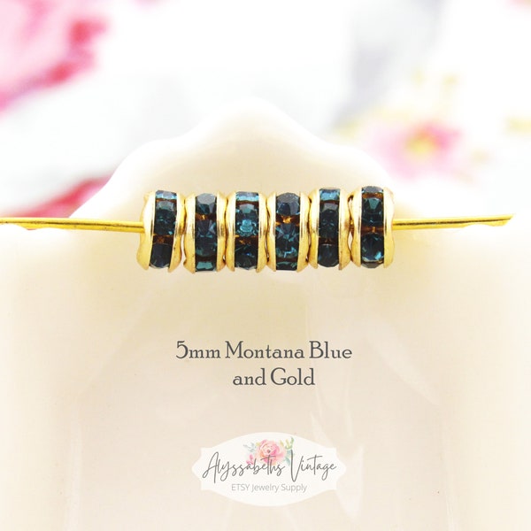 5mm Gold & Montana Rhinestone Rondelle Beads, Czech Preciosa Dark Blue Crystal Spacer Accent Disc Beads – 10