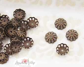 Small Antique Brass Lace Fancy Filigree 6mm Bead Caps, Lacey Brass Ox Flower Petal Bead Caps - 30