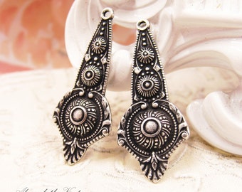 Ornate Art Nouveau Antique Silver Bohemian Art Deco Earring Dangle, Victorian Silver Ox Drop Pendant Findings 34x14mm - 4