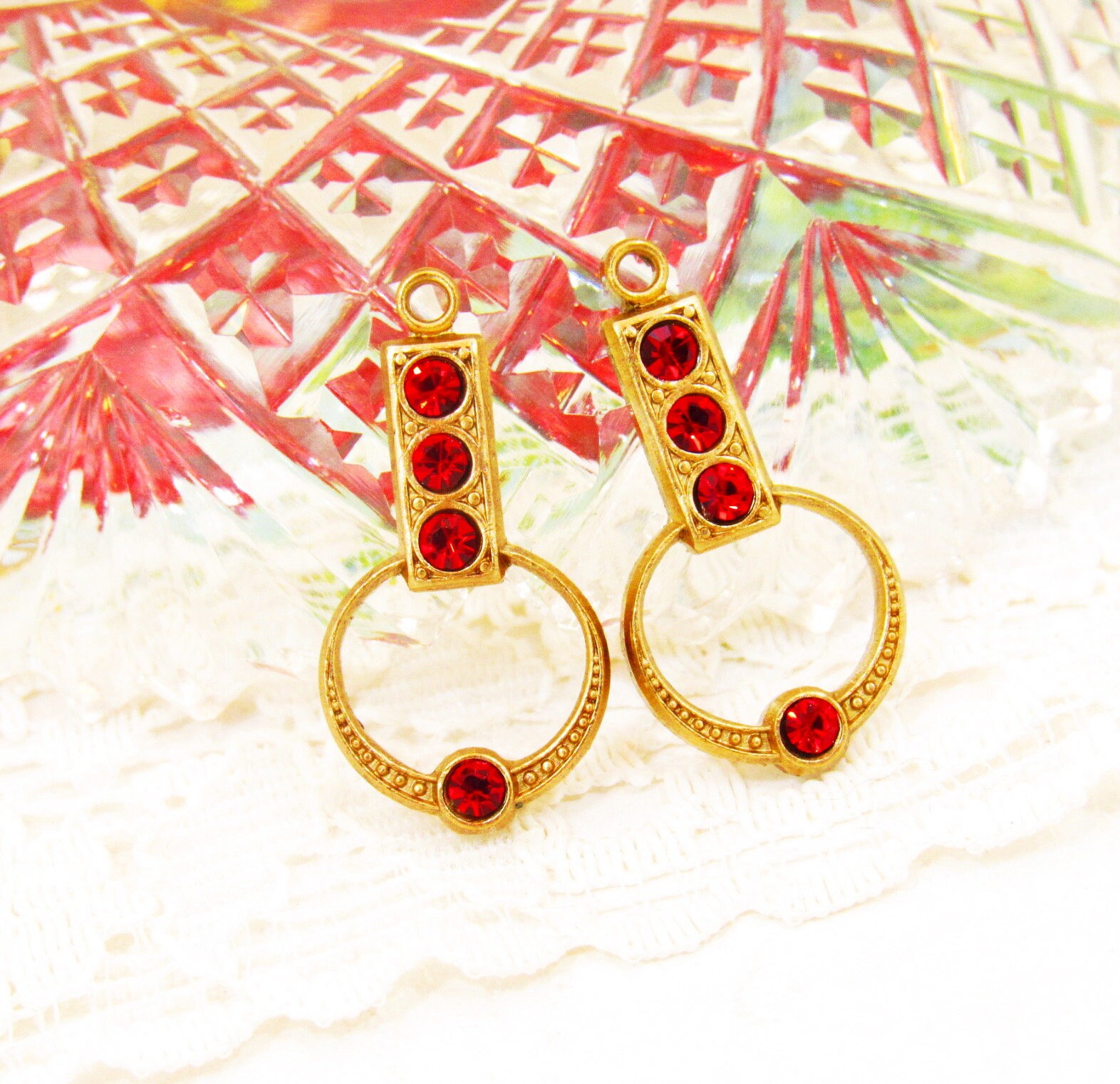 Holiday Glam Art Deco Ruby Red Rhinestone Earring Drops Dangles Raw ...