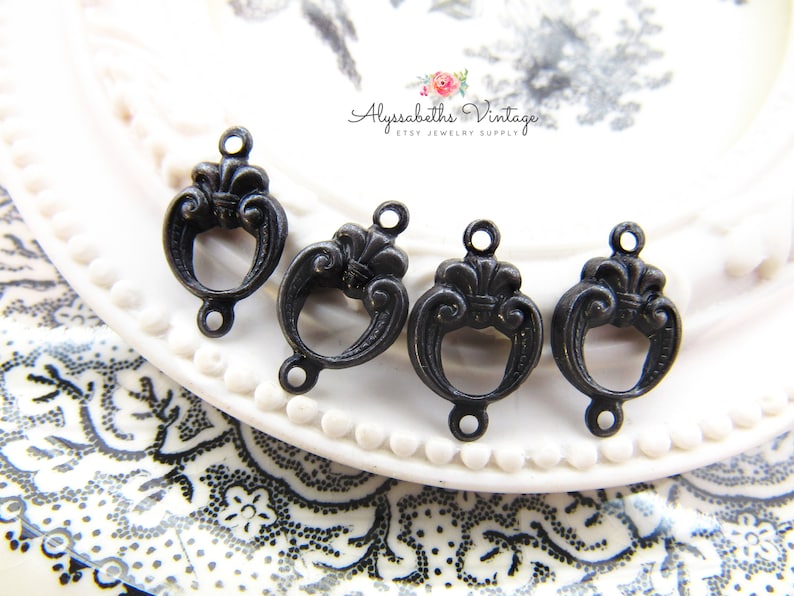 Ornate Antique Black Victorian Art Deco Fleur de Lis Connectors 2 Ring Round Aged Patina Earring 16x9mm Links 6 image 1