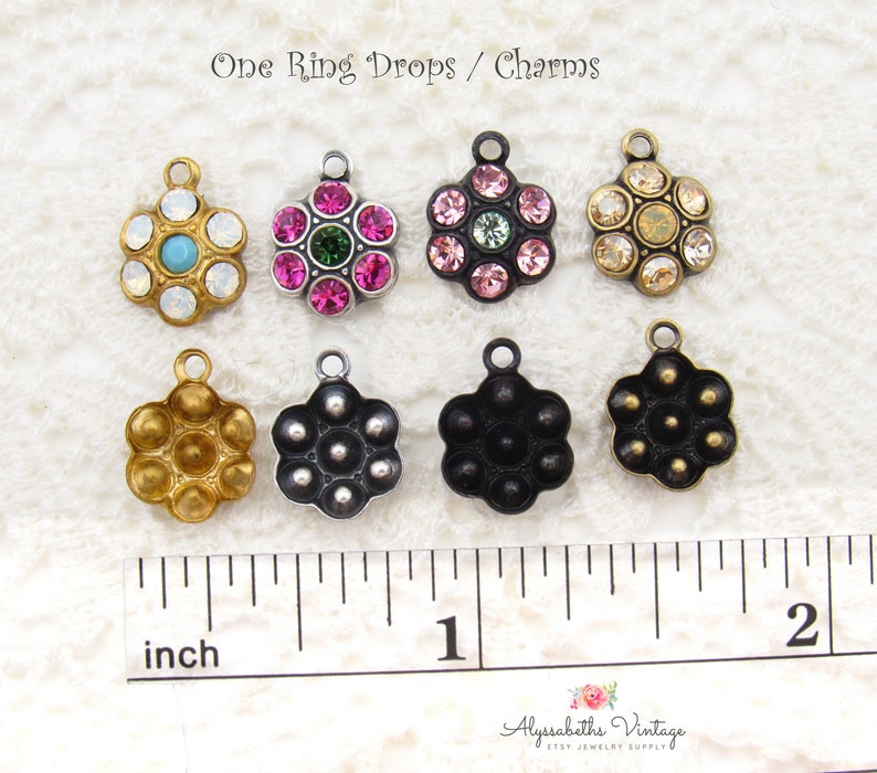 Round Cluster Clear Crystal Rhinestone Flower Charms or Connectors 15x10mm Brass, Black or Silver / Brass Ox Settings image 6