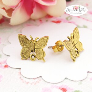 Antiqued Gold Plated Butterfly Pewter Earring Posts with Loop 24k Gold Plate Ear Studs Post Earring Findings Jewelry Supply Pair image 2