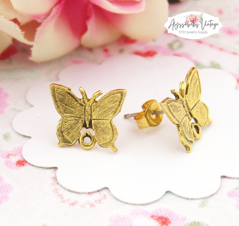 Antiqued Gold Plated Butterfly Pewter Earring Posts with Loop 24k Gold Plate Ear Studs Post Earring Findings Jewelry Supply Pair image 2