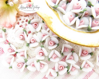 Vintage 8mm White and Pink Porcelain Rose Cabochons, Matte Bisque Ceramic Flower Embellishments - 6