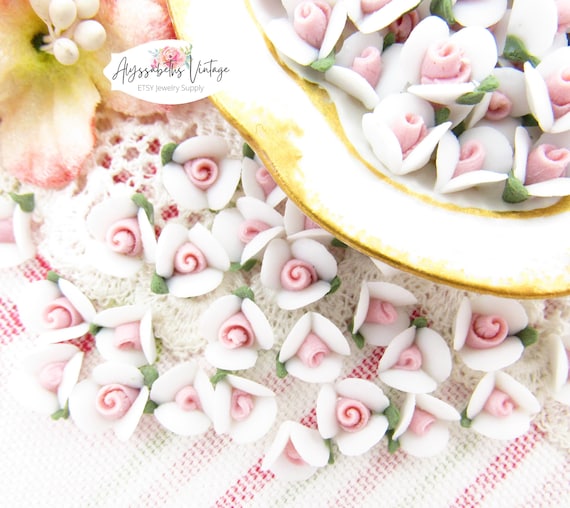 Vintage 8 mm weiße und rosa Porzellanrosen-Cabochons, matte Biskuitkeramik-Blumenverzierungen - 6
