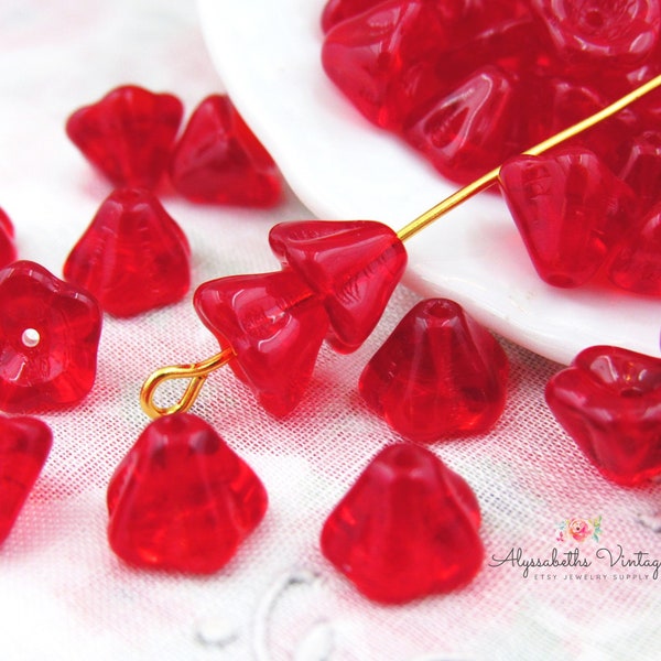 Transparent Ruby Red Bell Flower Beads 8x6mm Sheer Cherry Red Pressed Glass Floral Tulip Beads - 25