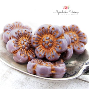 Pressed Glass Opaque Lilac & Antique Copper Wild Rose Flower Beads 14mm, Purple with Copper Wash Anemone Floral Beads - 6